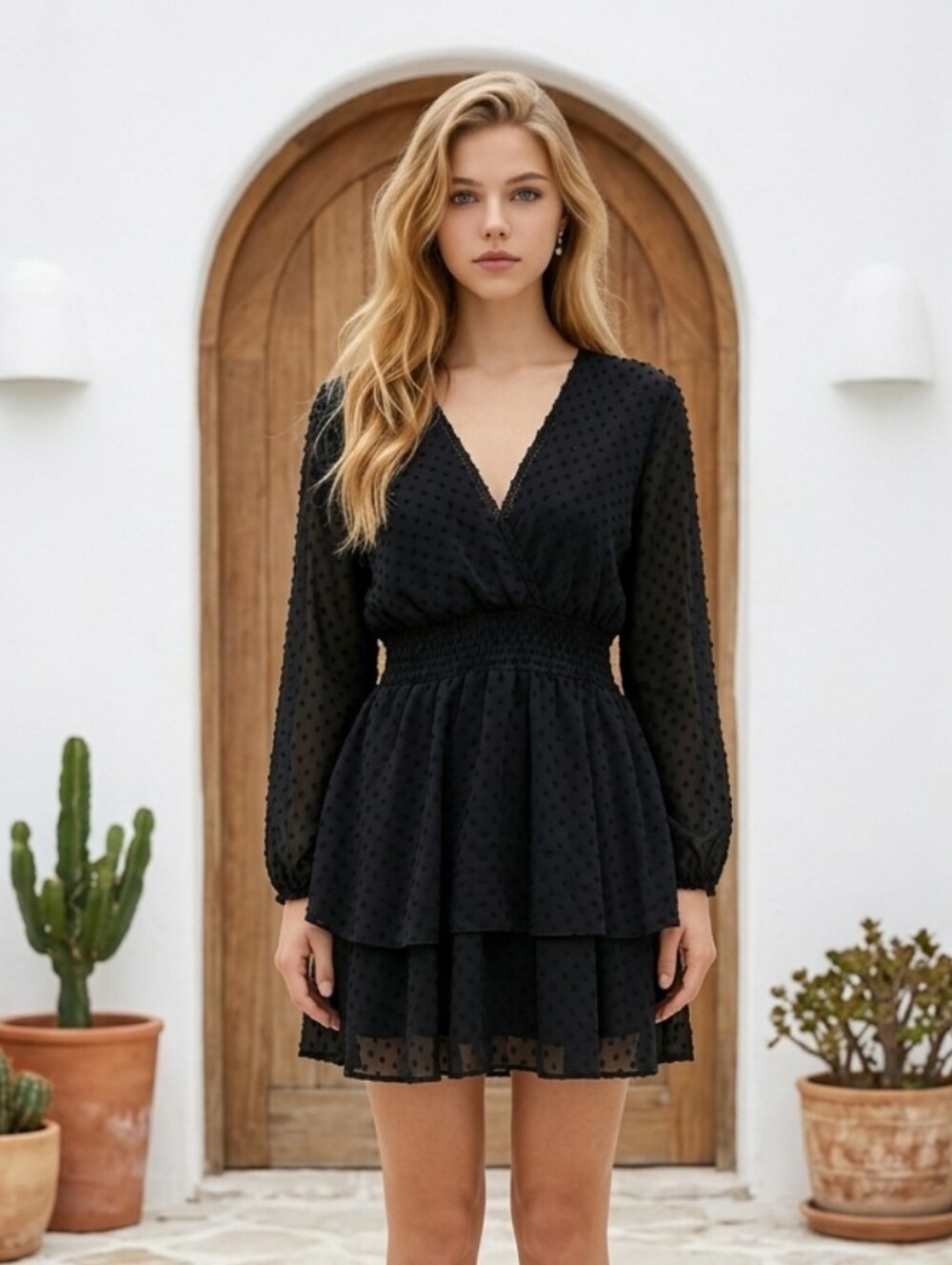 Zara Black Long-Sleeve Textured V-Neck Smocked Waist Dress